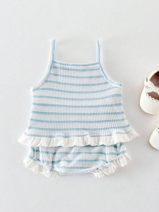 Baby Girl 2-Piece Ribbed Stripe Outfit – Blue Sleeveless Ruffle Top & Bloomer Shorts Set