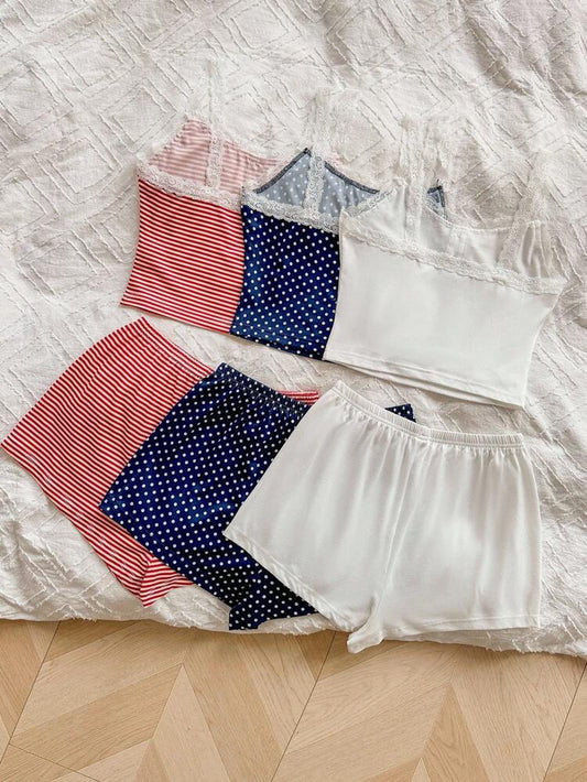Women’s 3 Pack Lace Trim Pajama Shorts Sets – Red Stripe, White & Blue Polka Dot Cami Sleepwear Bundle