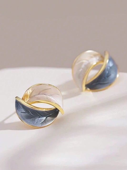 Gold Tone Leaf Design Stud Earrings – Blue and White Enamel Round Earrings – Elegant Women Fashion Jewelry