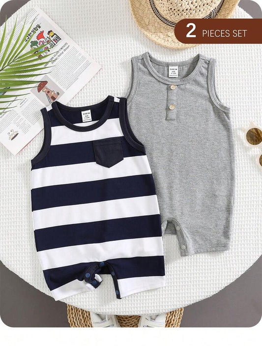 Baby Boys 2-Piece Sleeveless Romper Set – Striped & Solid Cotton Bodysuits – Snap Closure Summer Outfit Pack