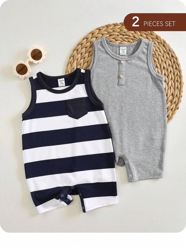 Baby Boys 2-Piece Sleeveless Romper Set – Striped & Solid Cotton Bodysuits – Snap Closure Summer Outfit Pack