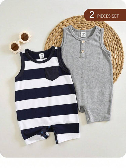 Baby Boys 2-Piece Sleeveless Romper Set – Striped & Solid Cotton Bodysuits – Snap Closure Summer Outfit Pack