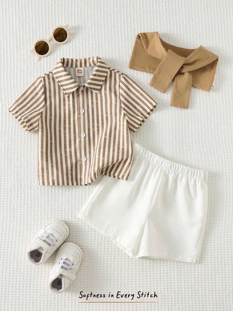 Boys Beige Striped Shirt & White Shorts 3 Piece Set – Smart Casual Summer Outfit – Stylish Kids Matching Set with Shoulder Sweater Detail