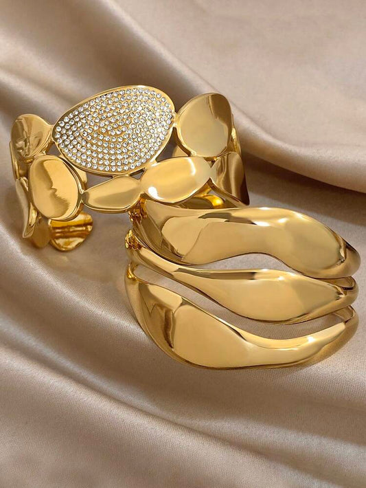 2 Piece Gold Tone Statement Bangle Bracelet Set – Wide Cuff and Crystal Accent Stackable Bracelets – Women Jewelry