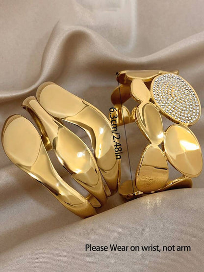 2 Piece Gold Tone Statement Bangle Bracelet Set – Wide Cuff and Crystal Accent Stackable Bracelets – Women Jewelry