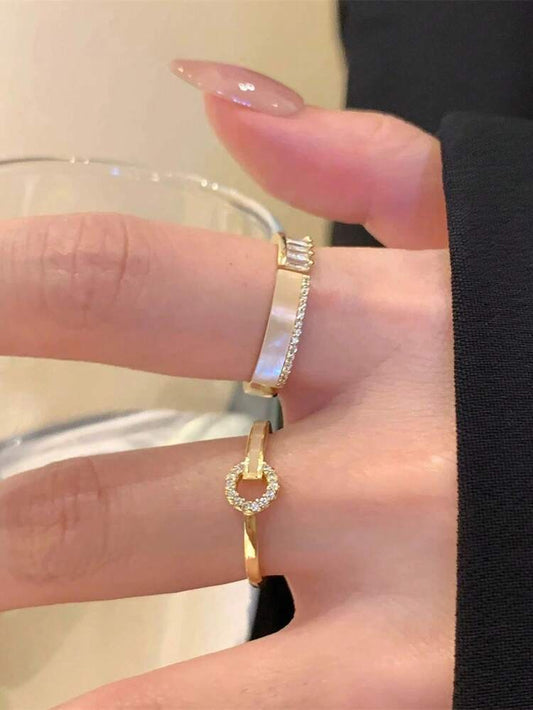 3 Piece Gold Tone Crystal Ring Set – Stackable Geometric and Pavé Accent Rings – Elegant Women Fashion Jewelry