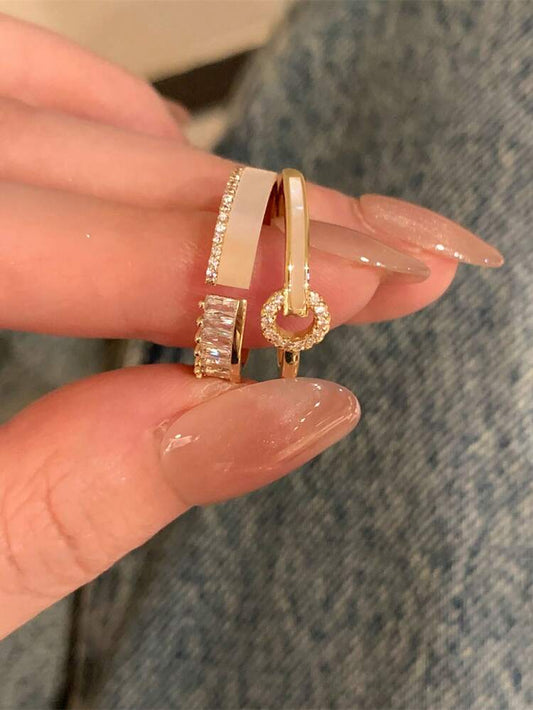 3 Piece Gold Tone Crystal Ring Set – Stackable Geometric and Pavé Accent Rings – Elegant Women Fashion Jewelry