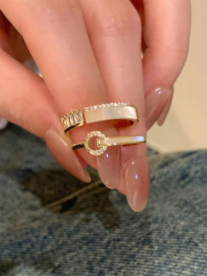 3 Piece Gold Tone Crystal Ring Set – Stackable Geometric and Pavé Accent Rings – Elegant Women Fashion Jewelry