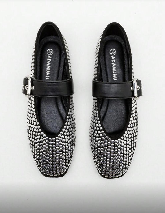 Black Studded Flat Mule Loafers – Rhinestone Slip-On Shoes