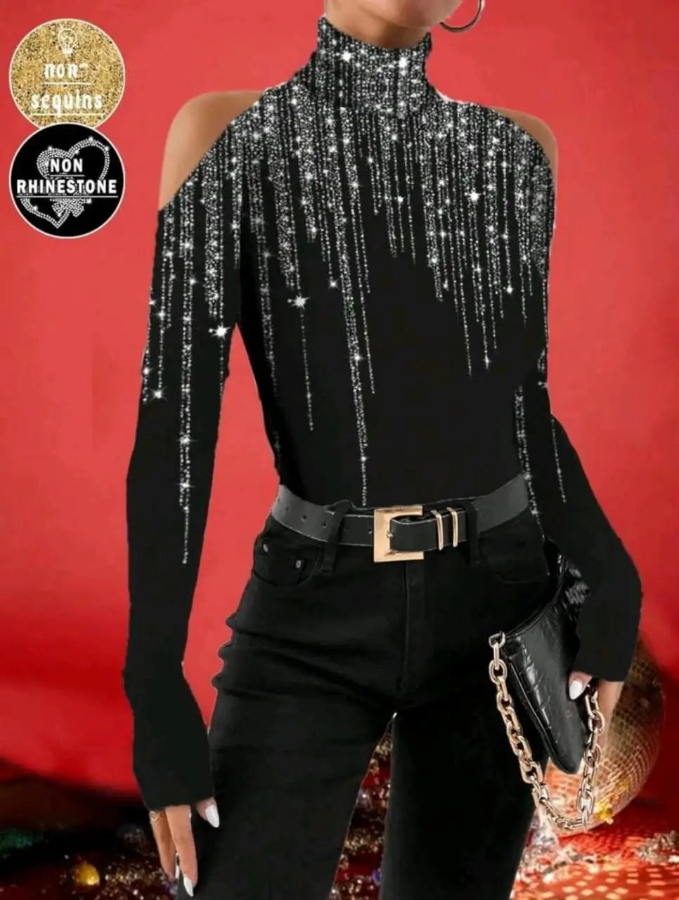 Womenâ€™s One-Shoulder High Neck Sequin Fringe Top â€“ Black