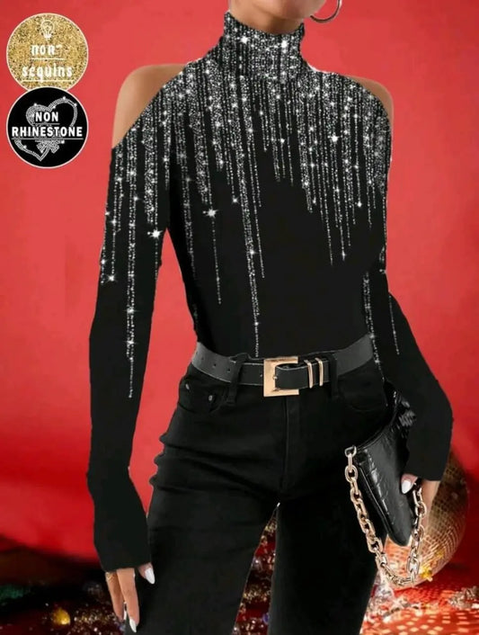 Womenâ€™s One-Shoulder High Neck Sequin Fringe Top â€“ Black