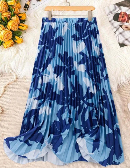 Women's Pleated Floral Skirt â€“ Flowing A-line Design in Blue Shades