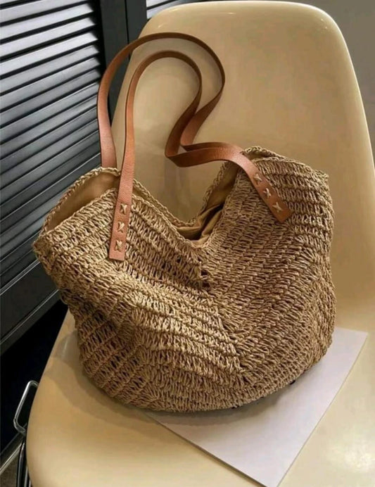 Woven Straw Tote Bag â€“ Boho Style with Brown Faux Leather Straps