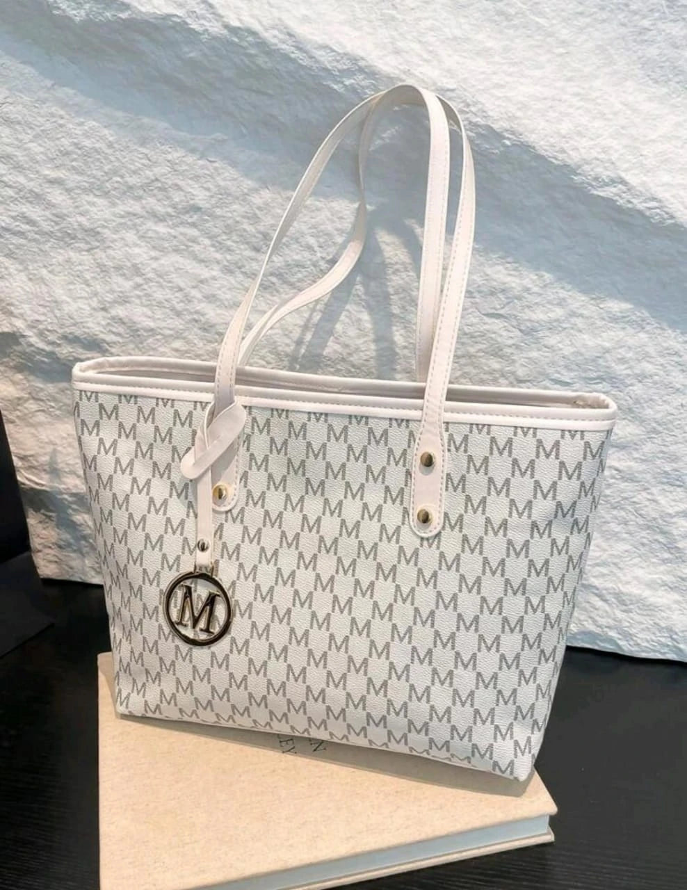White Printed Tote Bag â€“ Monogram "M" Design with Gold Charm