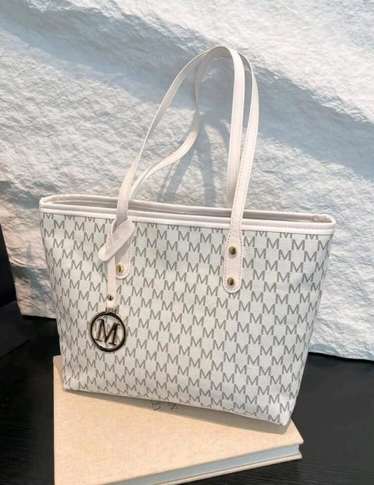 White Printed Tote Bag â€“ Monogram "M" Design with Gold Charm