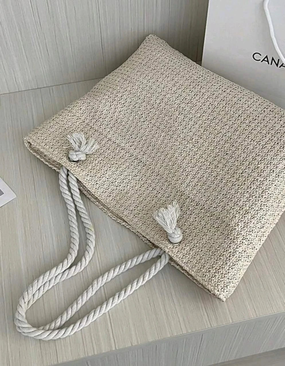 Beige Straw Shoulder Bag â€“ Minimalist Summer Design with White Rope Handles