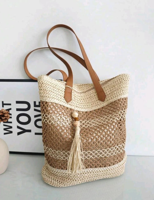Boho Woven Straw Tote â€“ Brown & Beige Mesh with Tassel and Wooden Beads