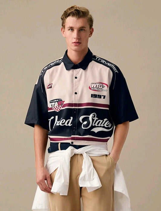 Men's Baseball-Style Shirt â€“ USA Print â€“ Short Sleeve â€“ Navy & Beige Colorblock