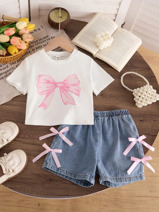 Girls Two-Piece Summer Set â€“ White Bow Print T-Shirt & Denim Shorts with Side Bo