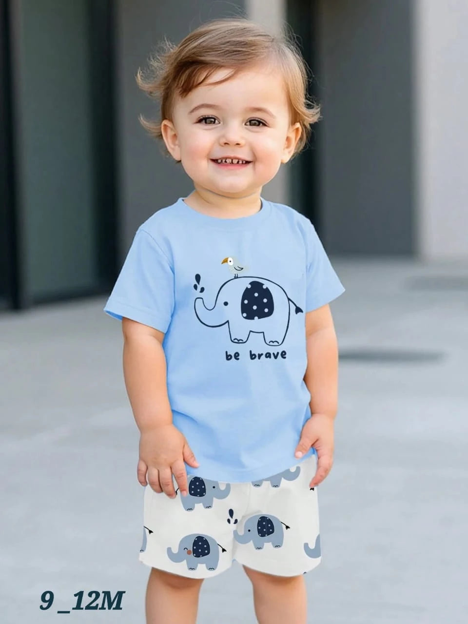 Baby Boys Summer T-Shirt & Shorts Set â€“ Cute Elephant Print â€“ Soft Cotton