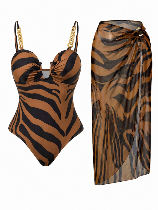 Women’s Zebra Print One Piece Swimsuit with Chain Straps and Matching Sheer Sarong – Beachwear Set