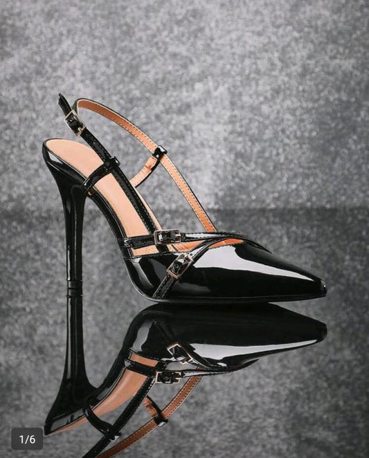 Elegant Patent Slingback High Heels – Black Pointed Toe Strappy Stiletto Pumps for Women