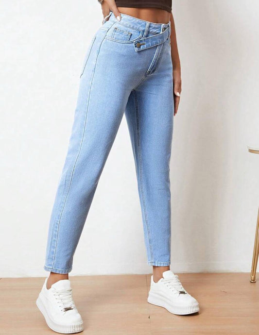 SHEIN High Waist Wrap Detail Light Wash Skinny Jeans – Light Blue