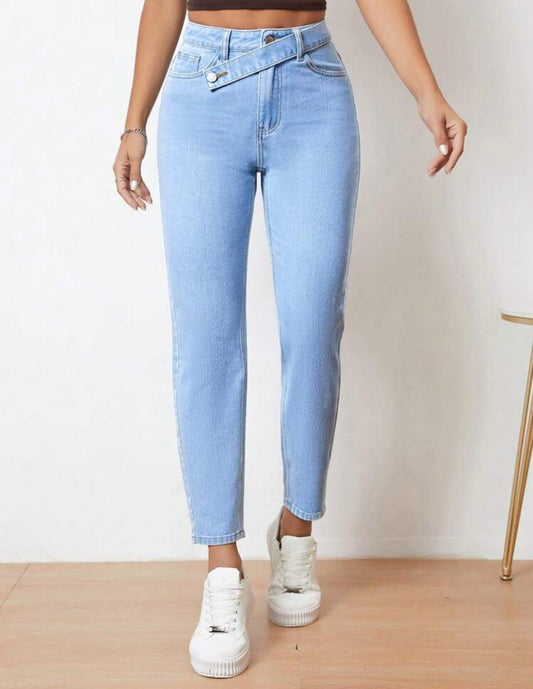 SHEIN High Waist Wrap Detail Light Wash Skinny Jeans – Light Blue