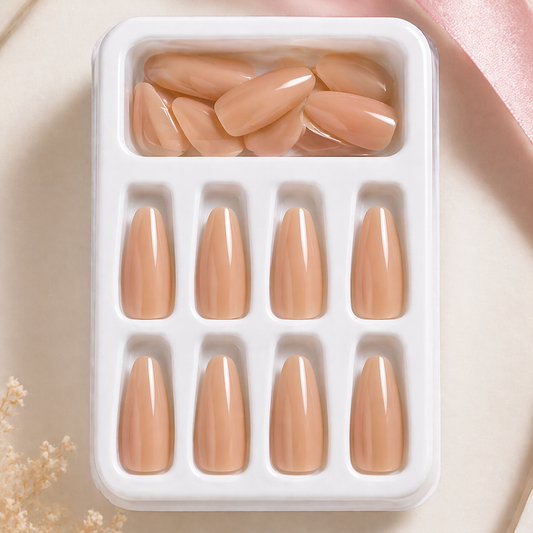 16-Piece Nude Brown Press-On Nails Set – Glossy Short Almond False Nails – Elegant Everyday Manicure Kit