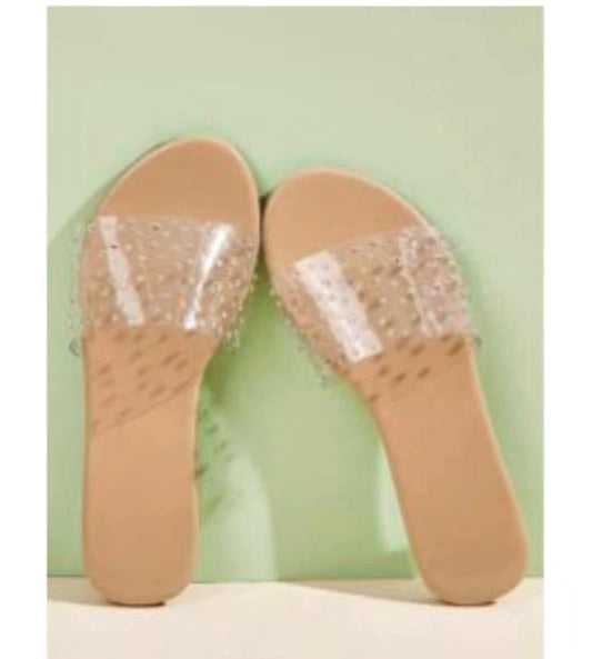 Clear Rhinestone Slide Sandals – Nude Beige