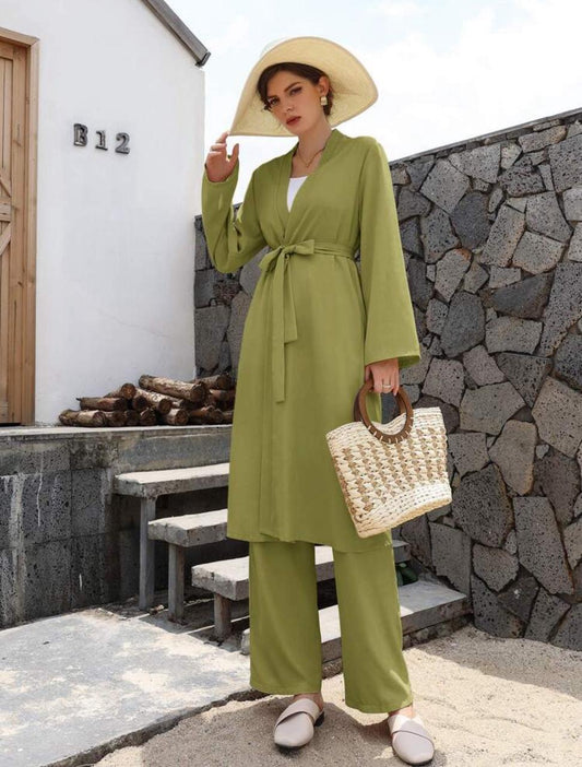 Olive Green 2 Piece Modest Set for Women – Belted Open Front Longline Cardigan with Wide Leg Pants – Elegant Casual Matching Outfit