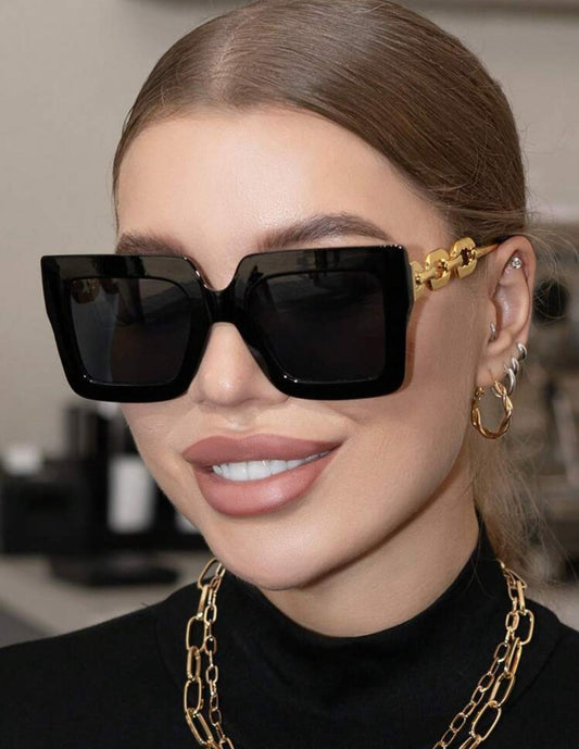 Women Oversized Square Sunglasses – White Frame with Gold Side Detail