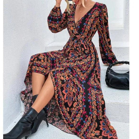 Women's Boho Printed Maxi Wrap Dress – Multicolor Long Sleeve V-Neck Dress – Flowy Asymmetrical Hem – Casual Chic Dress