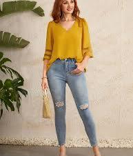 Women’s Mustard Yellow V-Neck Blouse – Sheer Sleeve Detail Loose Casual Top