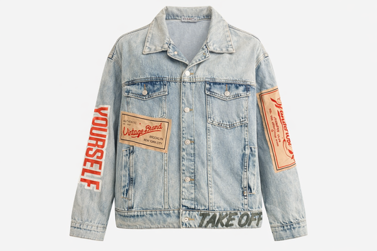 Oversized Light Wash Denim Jacket with Graphic Patches – Street Style Printed Jeans Jacket