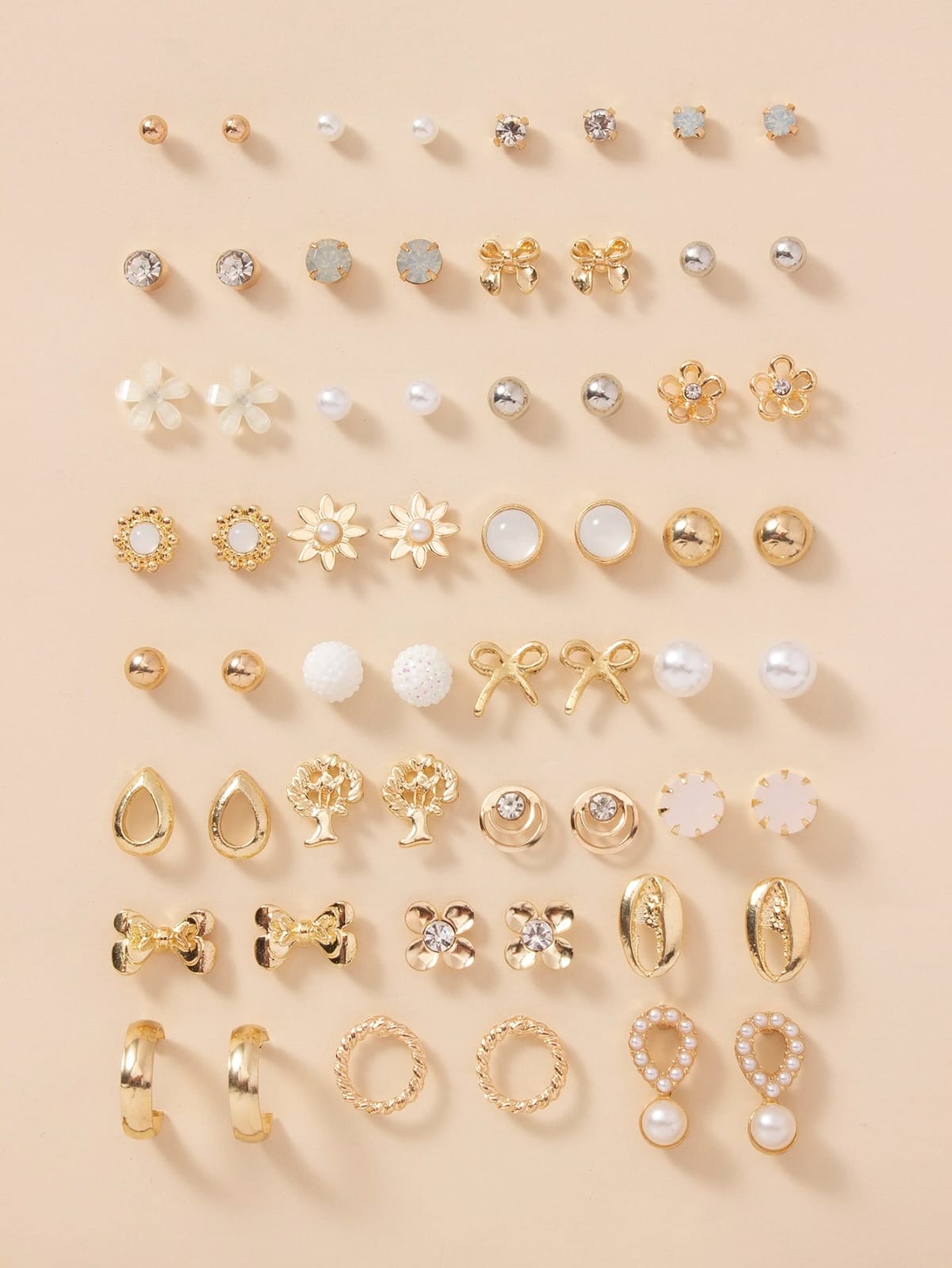 36-Pair Gold Tone Stud Earrings Set for Women – Pearl, Bow, Flower & Rhinestone Mixed Mini Earrings – Multi Style Everyday Jewelry Collection