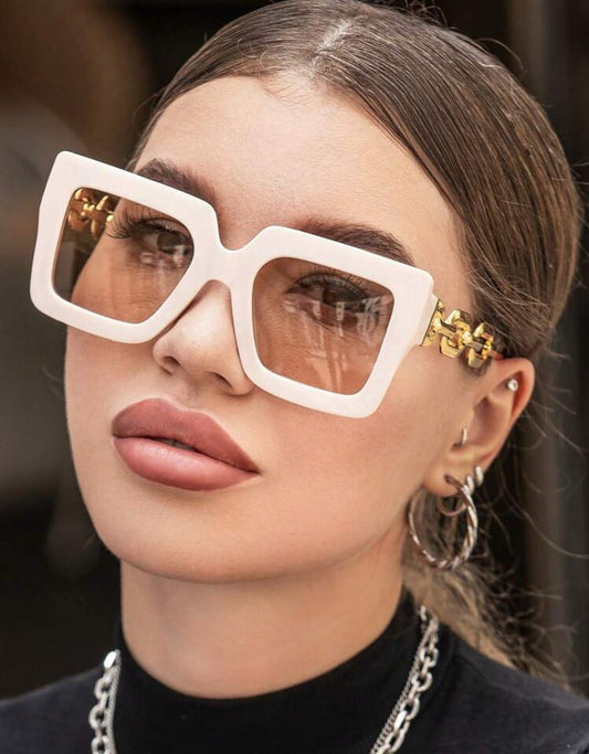 Women Oversized Square Sunglasses – White Frame with Gold Side Detail