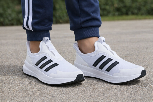 Adidas-Inspired Kids White Slip-On Running Sneakers with Black Stripes – Lightweight Sports Shoes