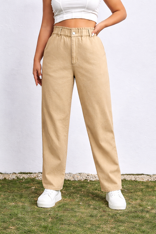 SHEIN EZwear Plus Paperbag Waist Mom Fit Jeans – Beige High Waist Relaxed Straight Leg Denim Pants