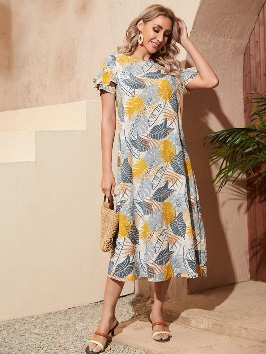 Women’s Tropical Leaf Print Midi Dress – Flutter Sleeve Loose Casual Dress