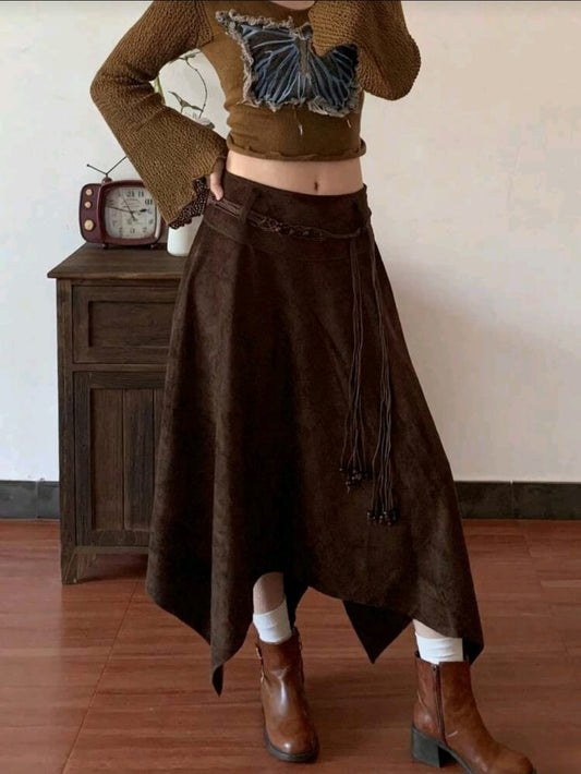 Suede Asymmetrical Midi Skirt â€“ Dark Brown â€“ Elegant Flow Fit (Without Belt)
