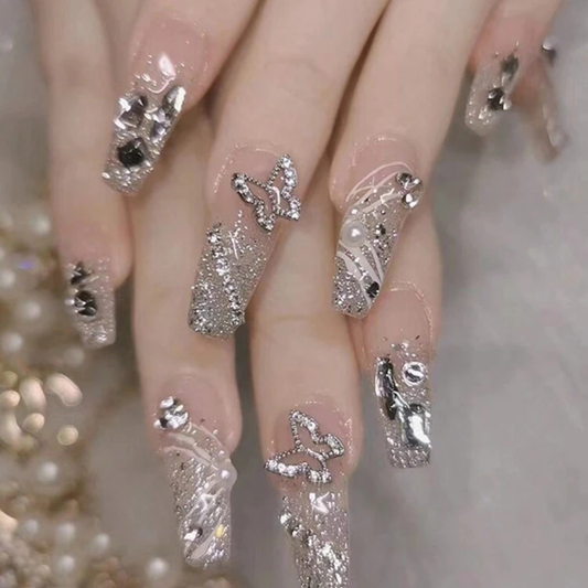Luxury Rhinestone Butterfly Press-On Nails – Silver Glitter Long Nail Set