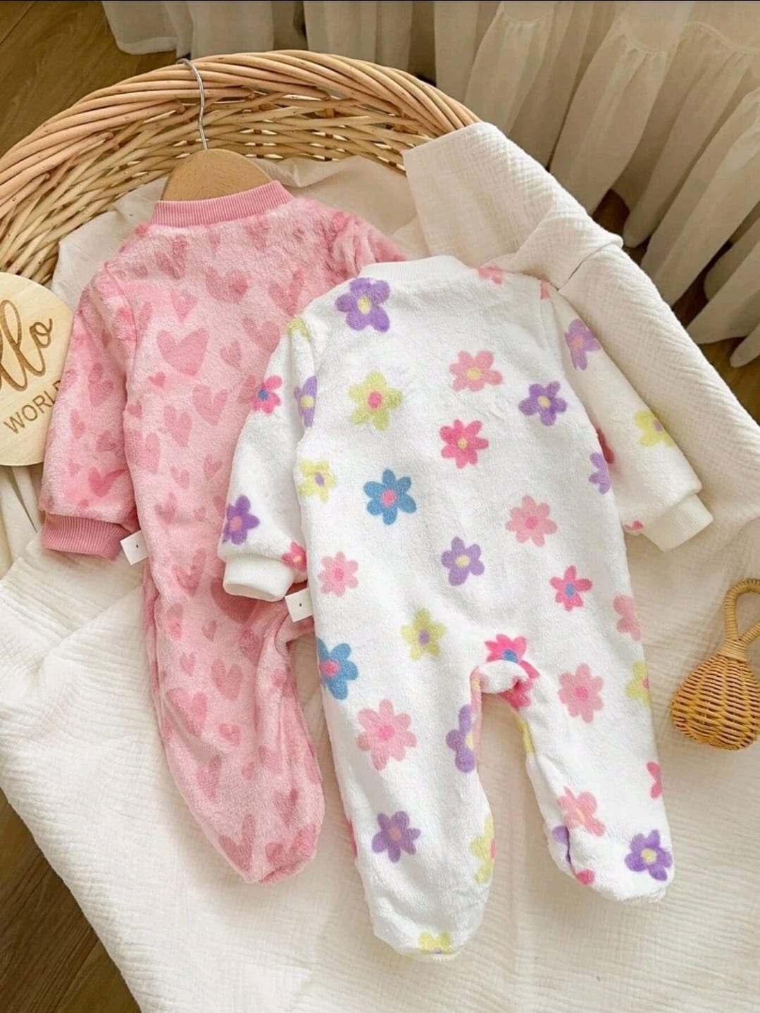 Baby Girls 2 Pieces Fleece Winter Romper Set â€“ Heart & Floral Print Zip Onesies