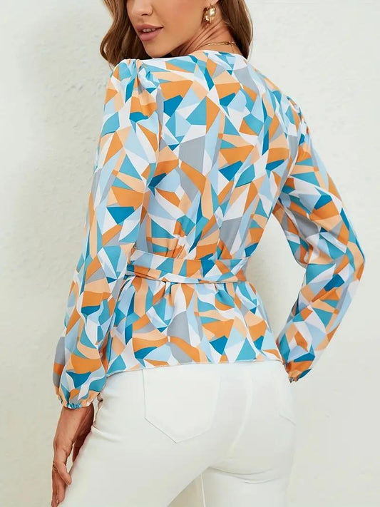 Women’s Geometric Print Wrap Blouse – Blue & Orange V-Neck Tie Waist Top