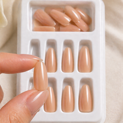 16-Piece Nude Brown Press-On Nails Set – Glossy Short Almond False Nails – Elegant Everyday Manicure Kit
