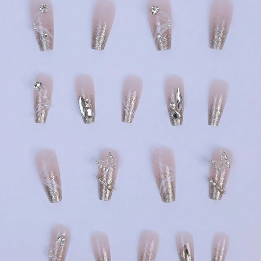 Luxury Rhinestone Butterfly Press-On Nails – Silver Glitter Long Nail Set