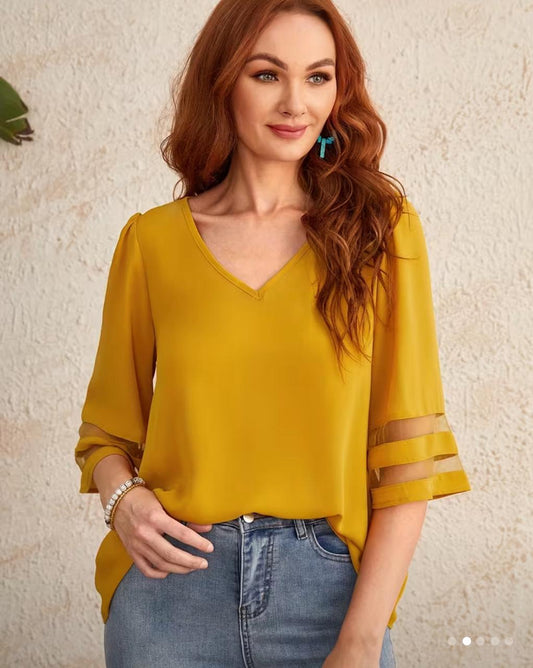 Women’s Mustard Yellow V-Neck Blouse – Sheer Sleeve Detail Loose Casual Top