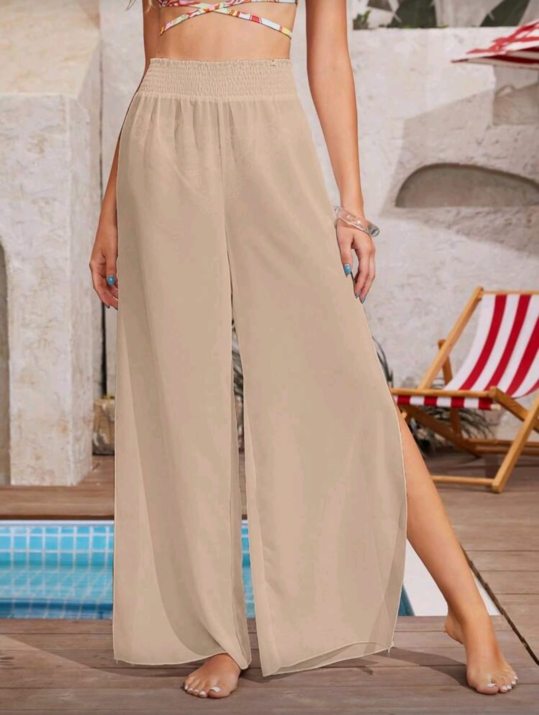 Beige Sheer Wide Leg Beach Pants for Women â€“ Lightweight Summer Cover Up Style
