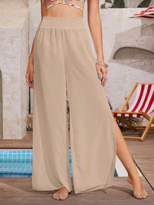 Beige Sheer Wide Leg Beach Pants for Women â€“ Lightweight Summer Cover Up Style