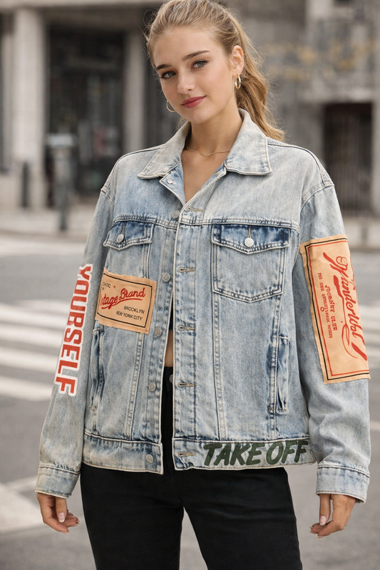 Oversized Light Wash Denim Jacket with Graphic Patches – Street Style Printed Jeans Jacket
